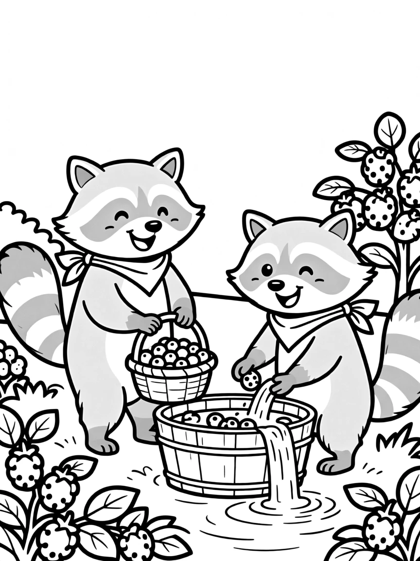 A pair of raccoon friends washing berries together