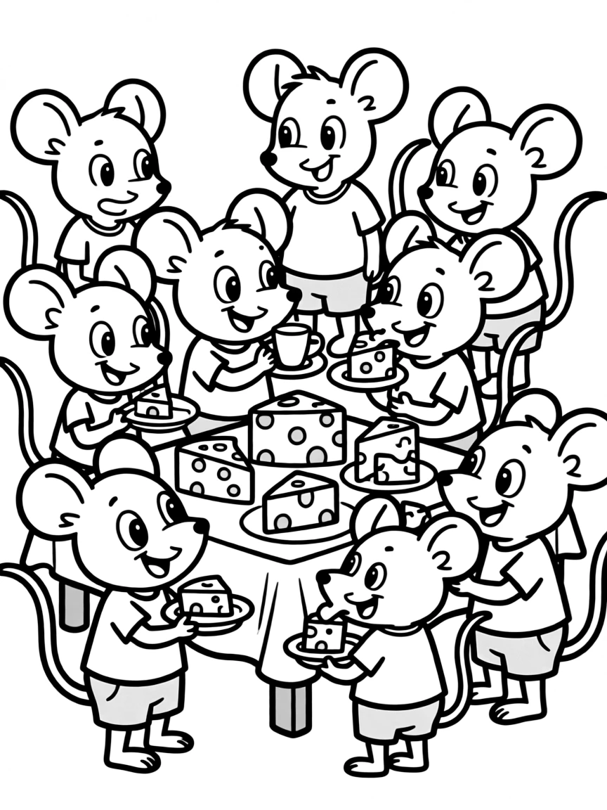 A group of mouse friends having a cheese party