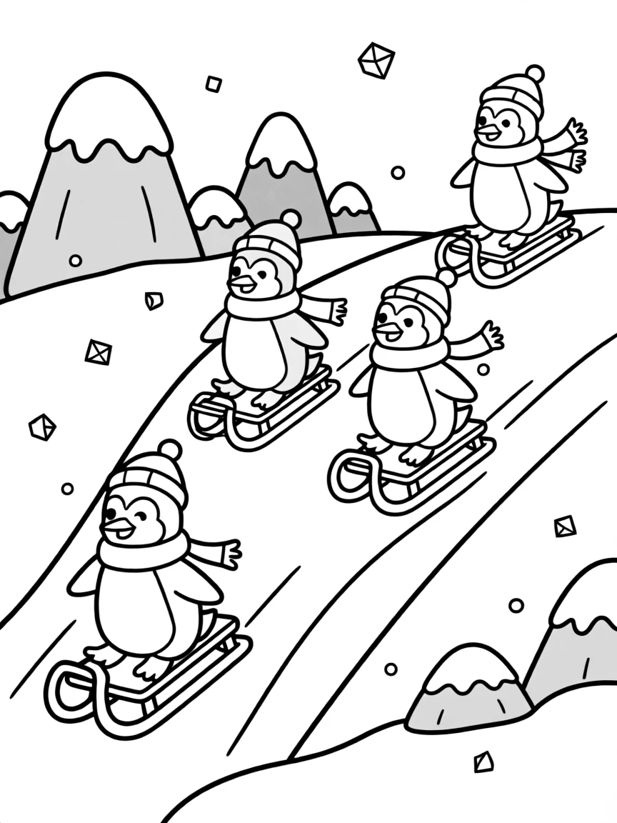 A group of penguin tobogganers sliding down an ice hill