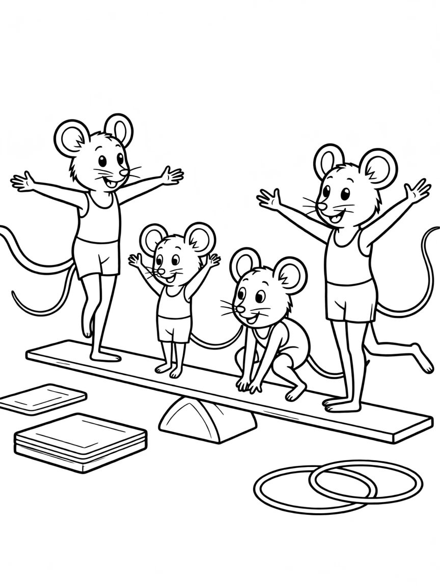 A family of mouse gymnasts on a tiny balance beam