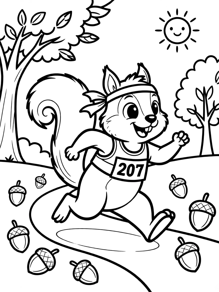 A squirrel competing in an acorn-gathering marathon