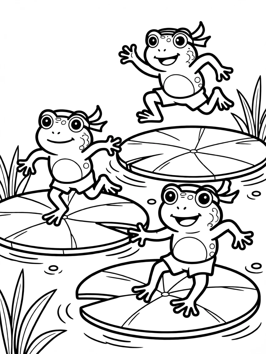 A group of frog long-jumpers between lily pads