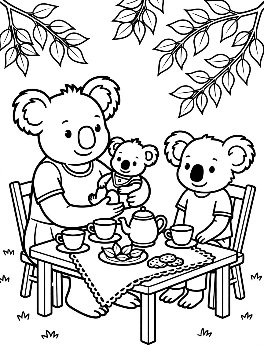 A family of koalas having a eucalyptus tea party
