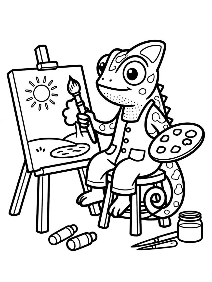 A chameleon artist changing colors to match its painting