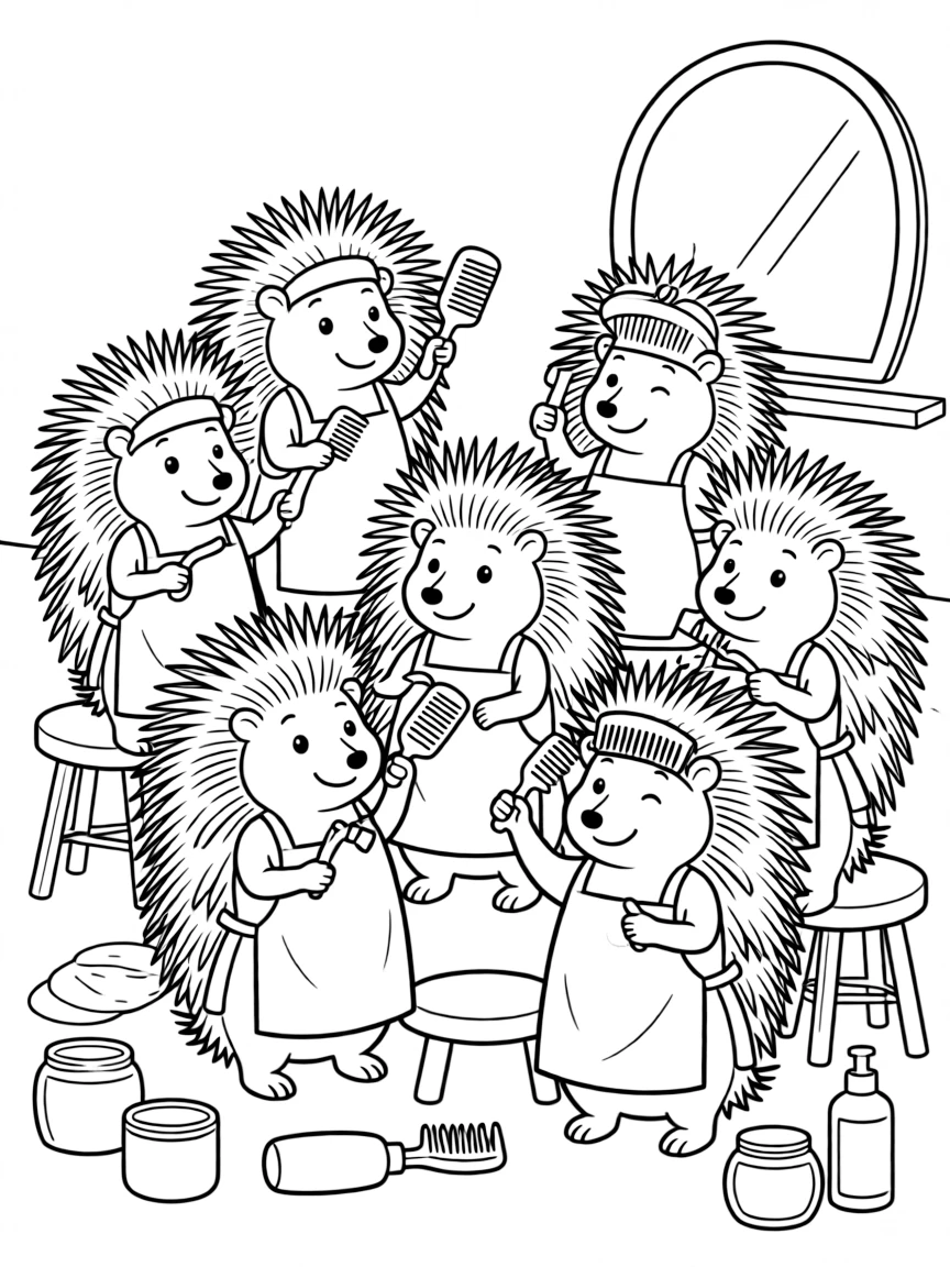 A group of porcupine hairdressers styling quills