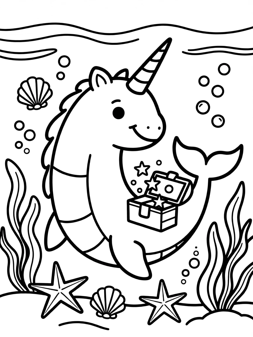 A narwhal unicorn granting underwater wishes