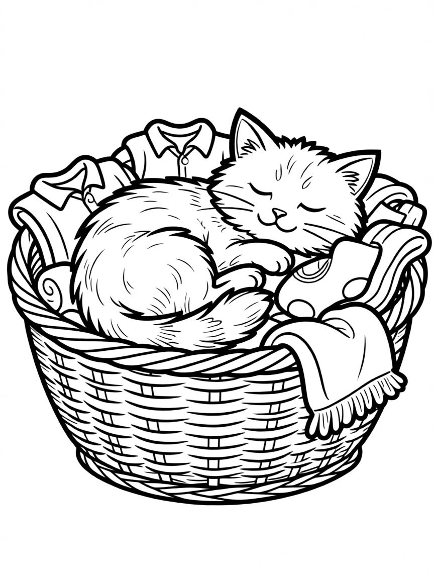 A sleeping cat nestled in a basket of warm laundry