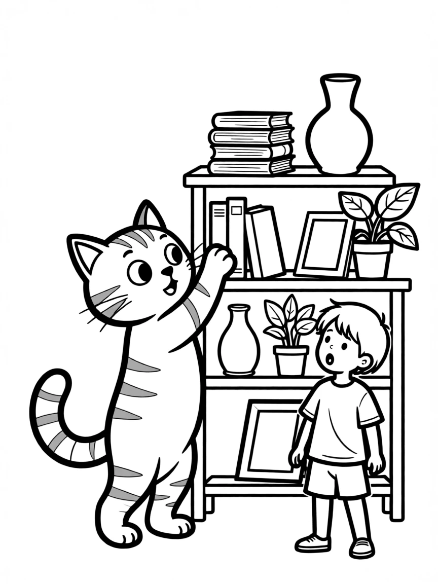 A mischievous cat knocking items off a shelf