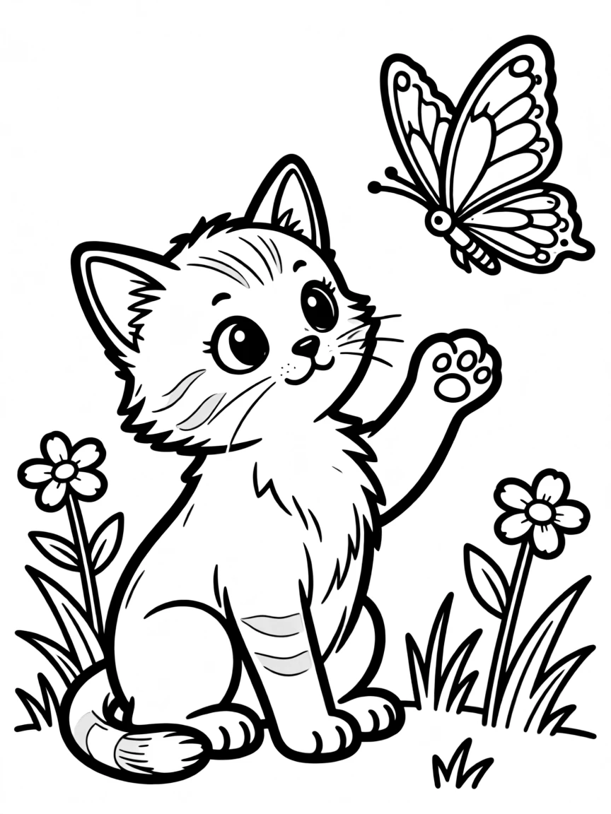 A curious kitten encountering a butterfly