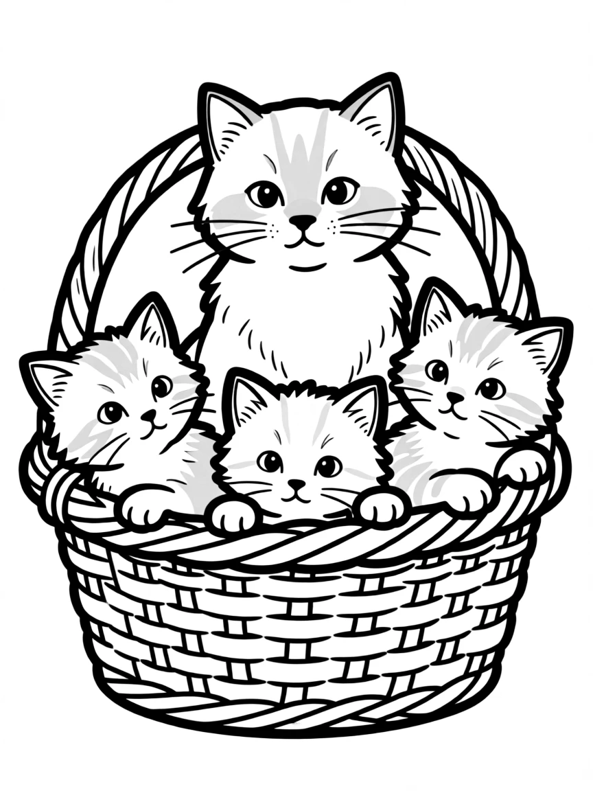 A family of cats - mother and kittens in a cozy basket