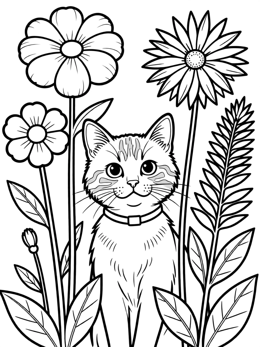A cat peering through tall garden flowers