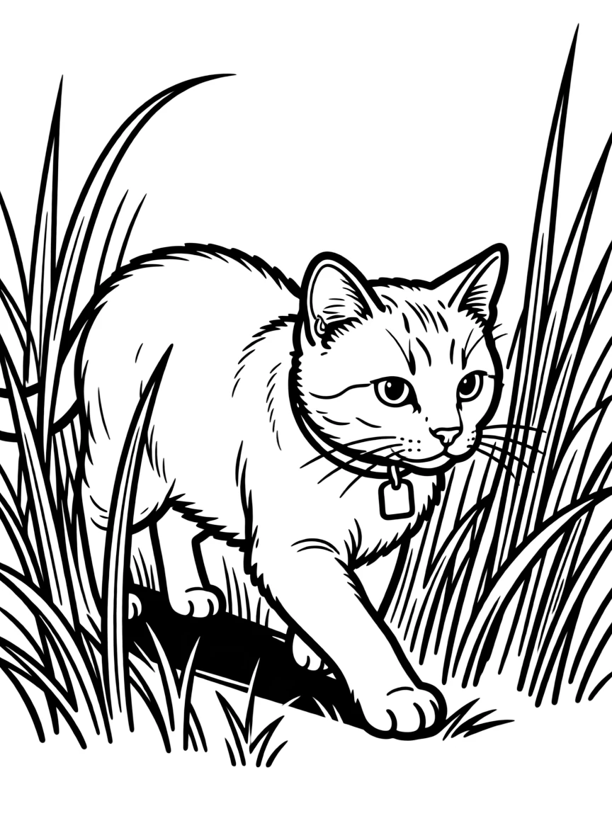 A cat stalking through tall grass