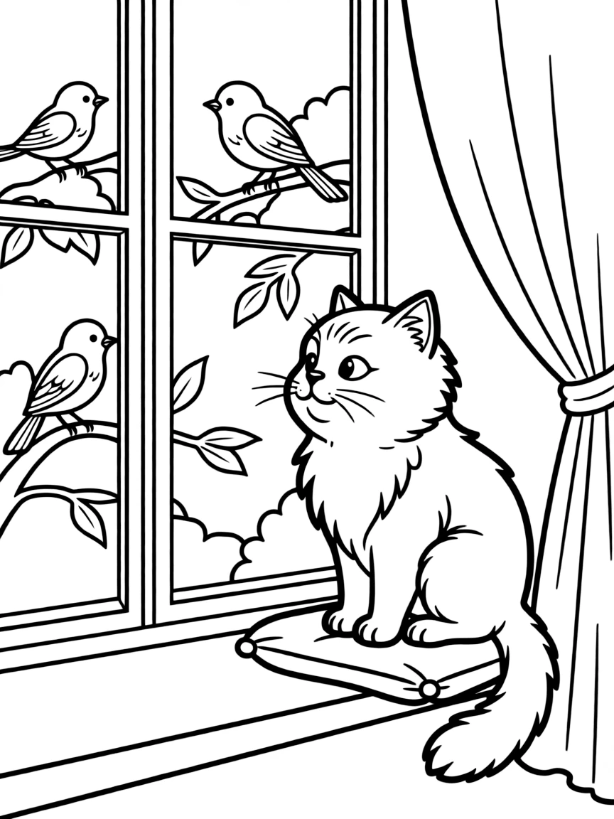 A cat watching birds from a window perch