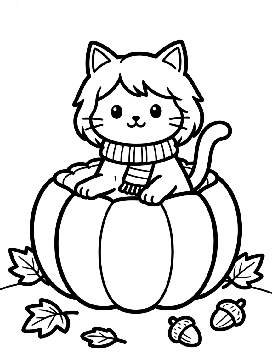 A cat sitting in a pumpkin during fall