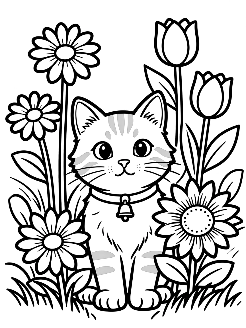 A cat peeking out from a flower garden