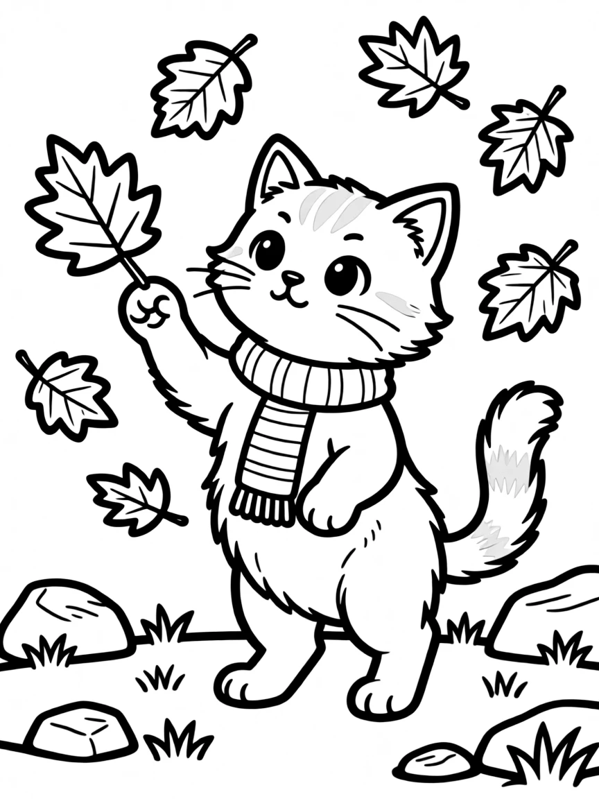 A cat batting at falling autumn leaves