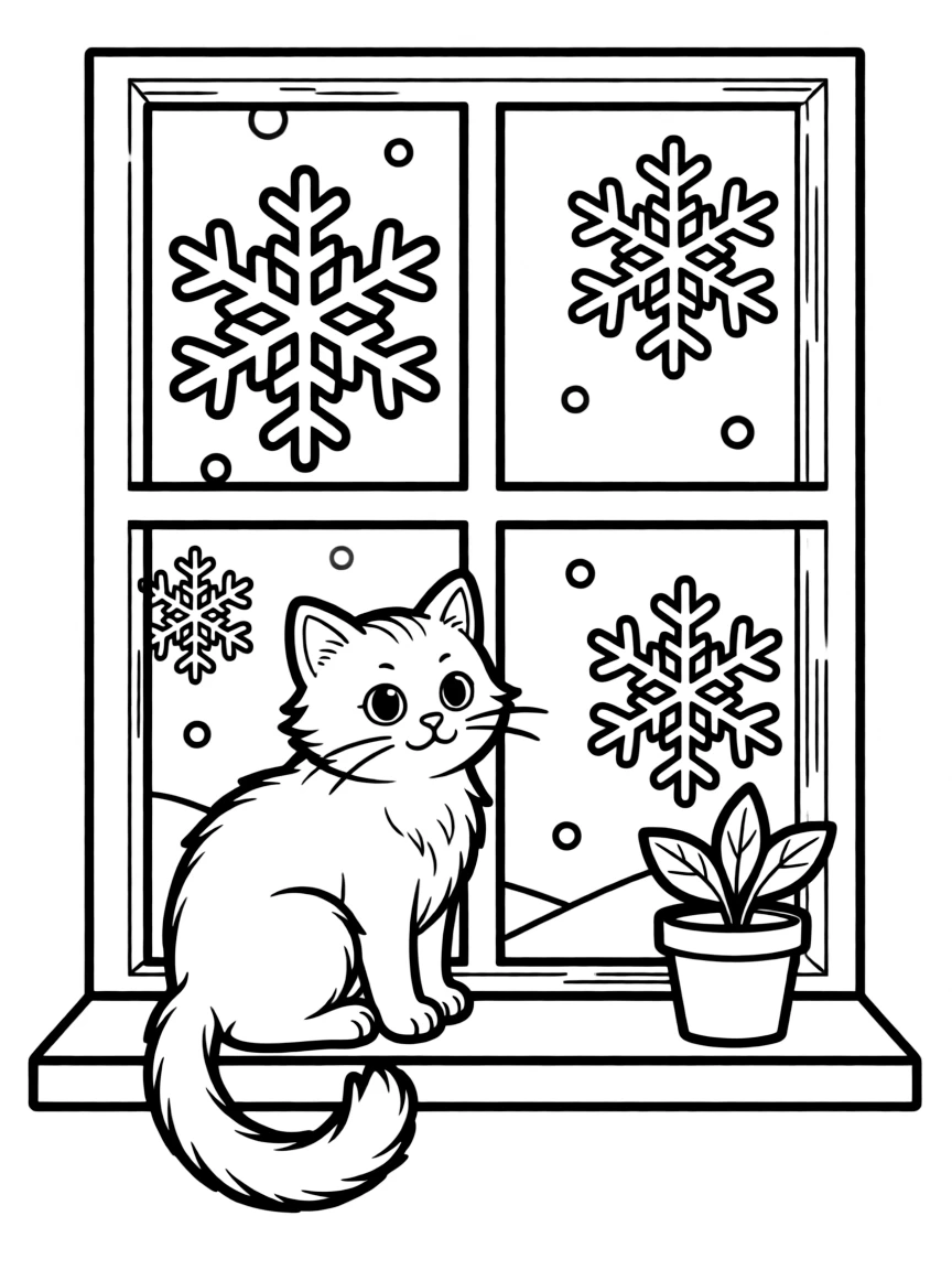 A cat watching snowflakes from a window