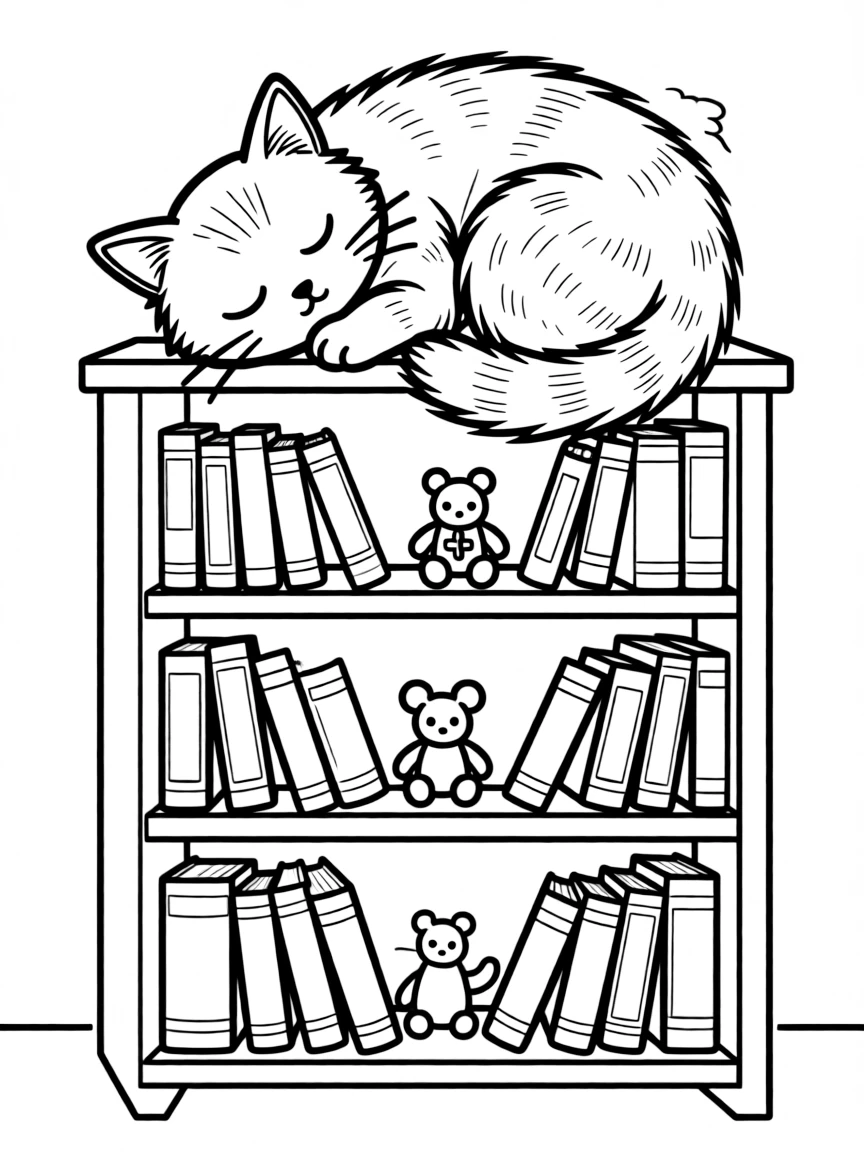 A cat sleeping on top of a bookshelf