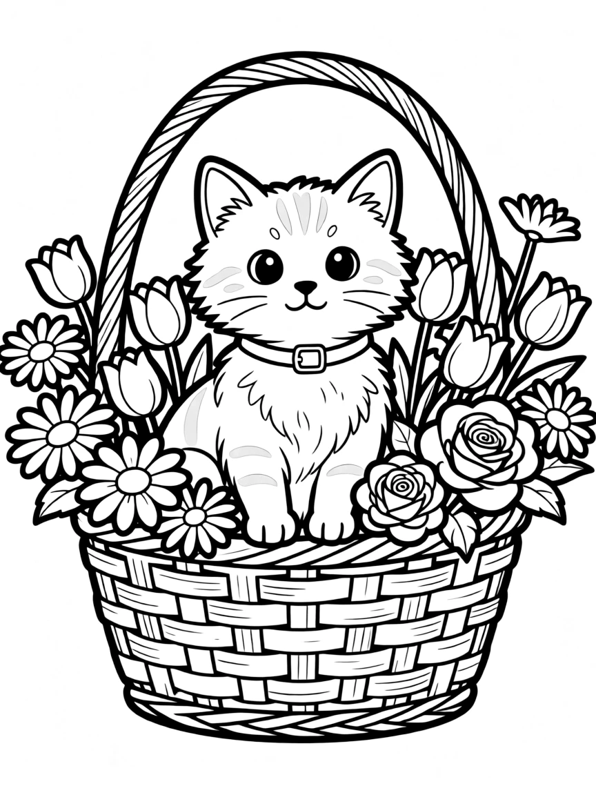 A cat in a basket of flowers