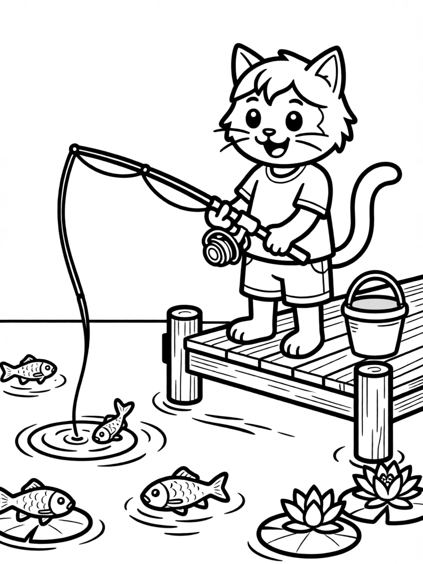 A cat fishing with a rod and reel