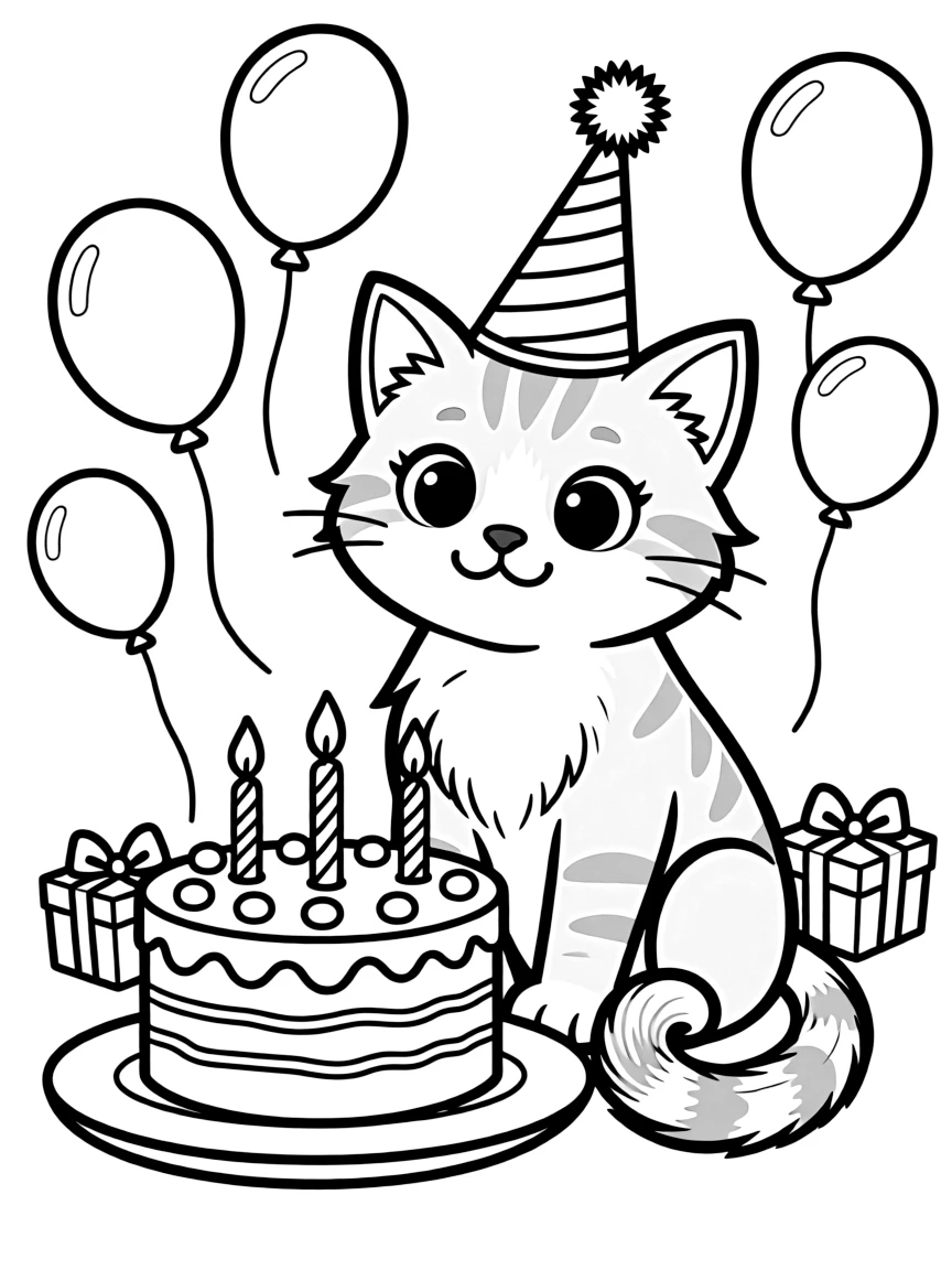 A cat with a birthday cake and party hat