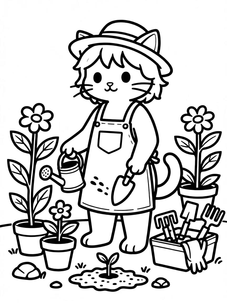 A cat gardening with tiny tools