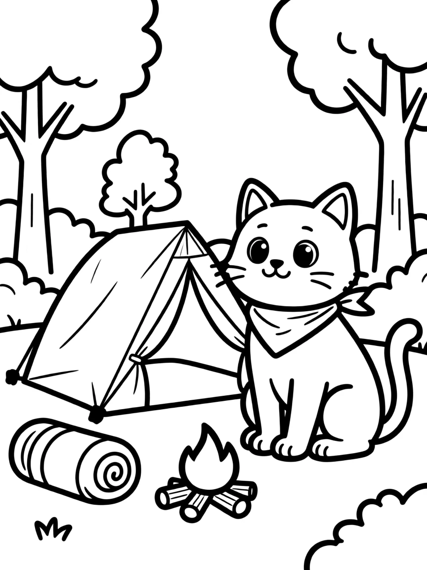 A cat camping with a little tent