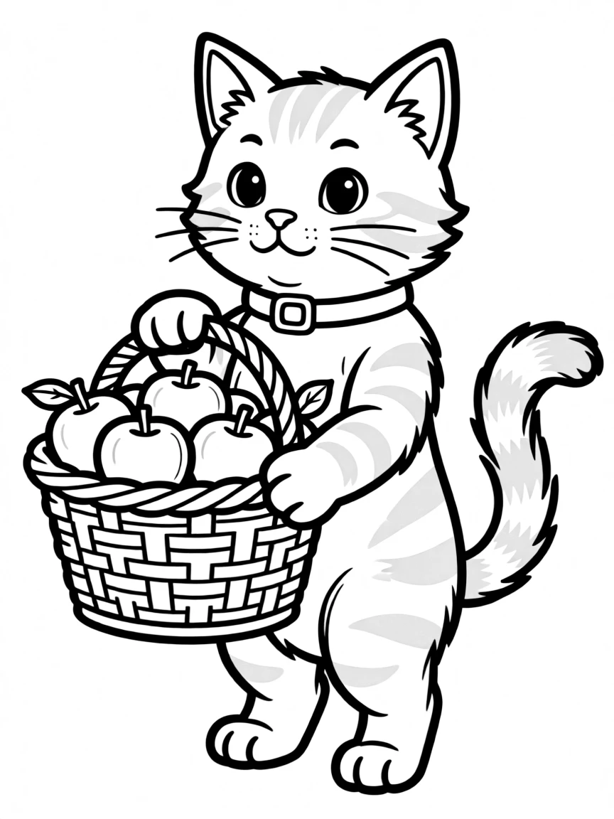 A cat carrying a basket of apples