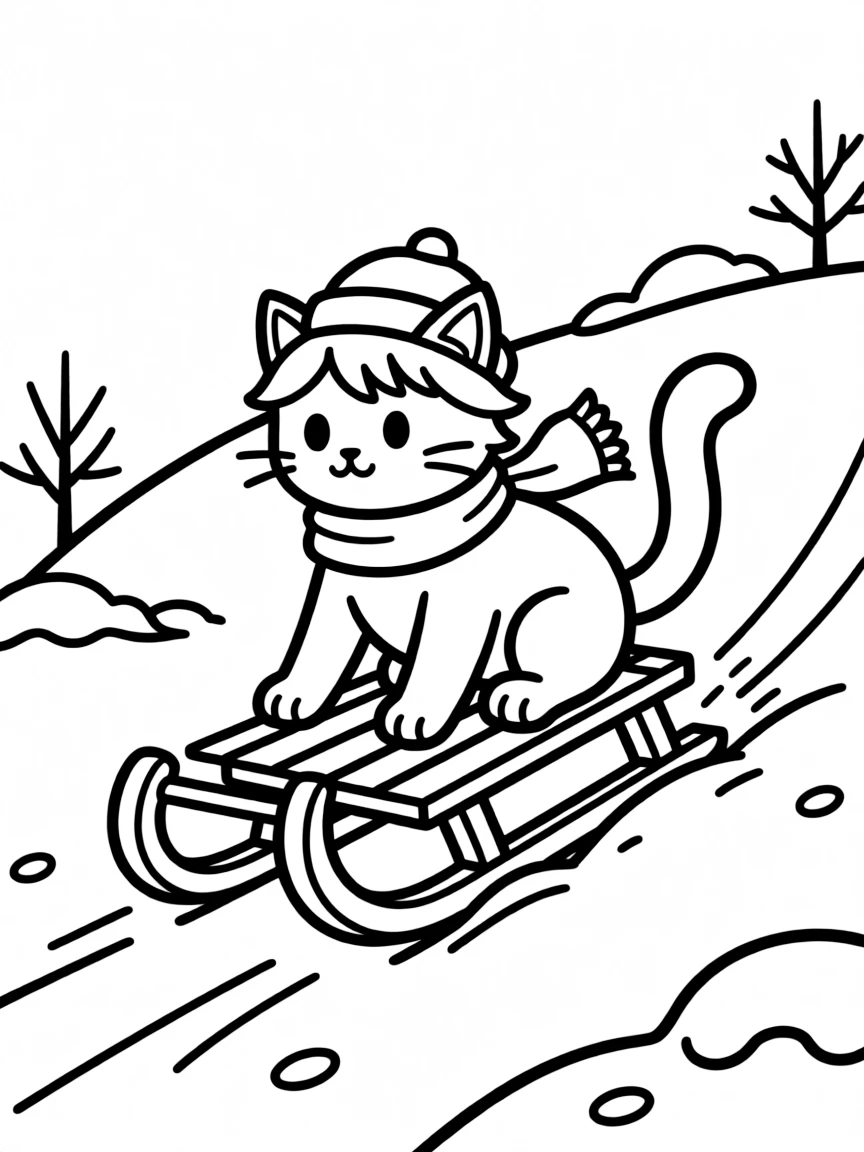 A cat sledding down a snowy hill