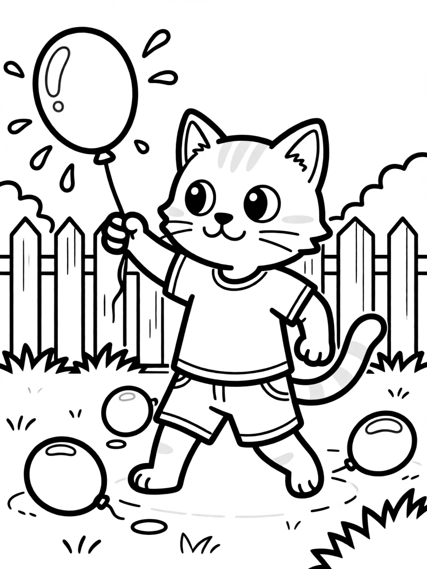 A cat having a water balloon fight