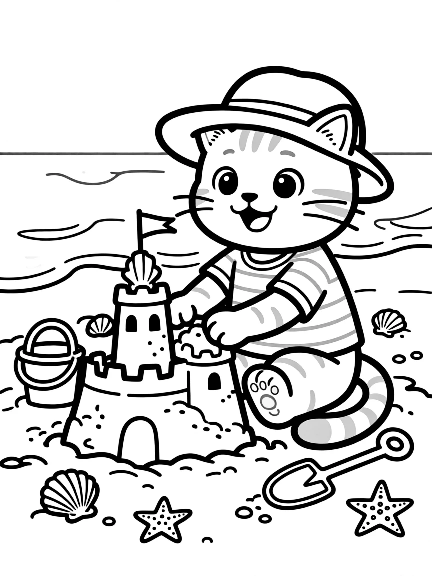 A cat building a sandcastle