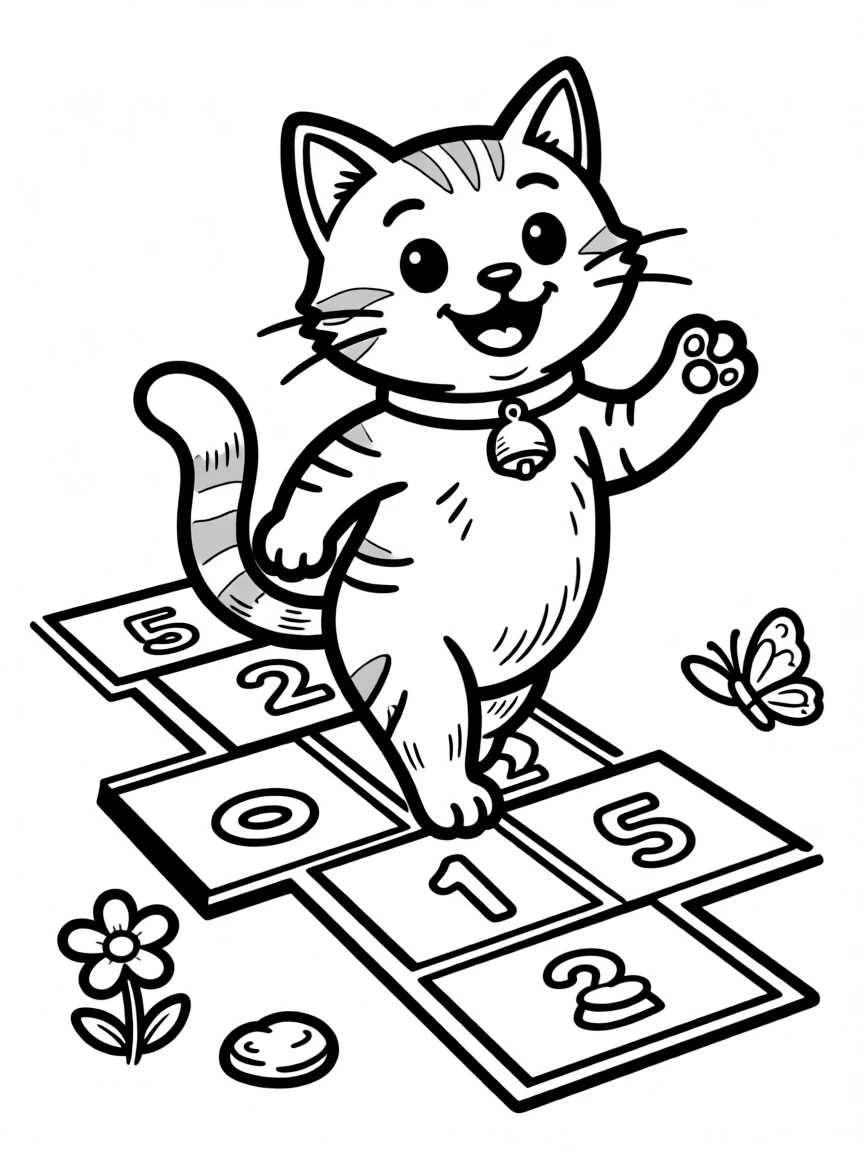 A cat playing hopscotch