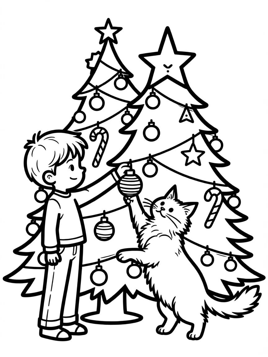 A cat decorating a Christmas tree