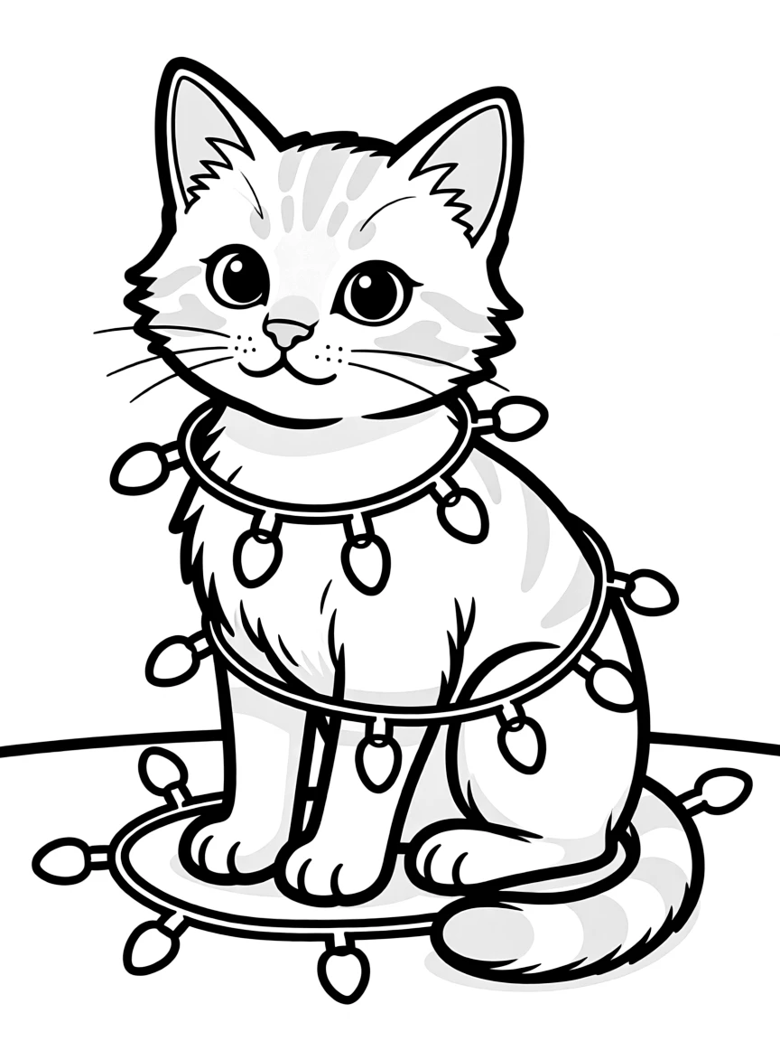A cat wrapped in Christmas lights
