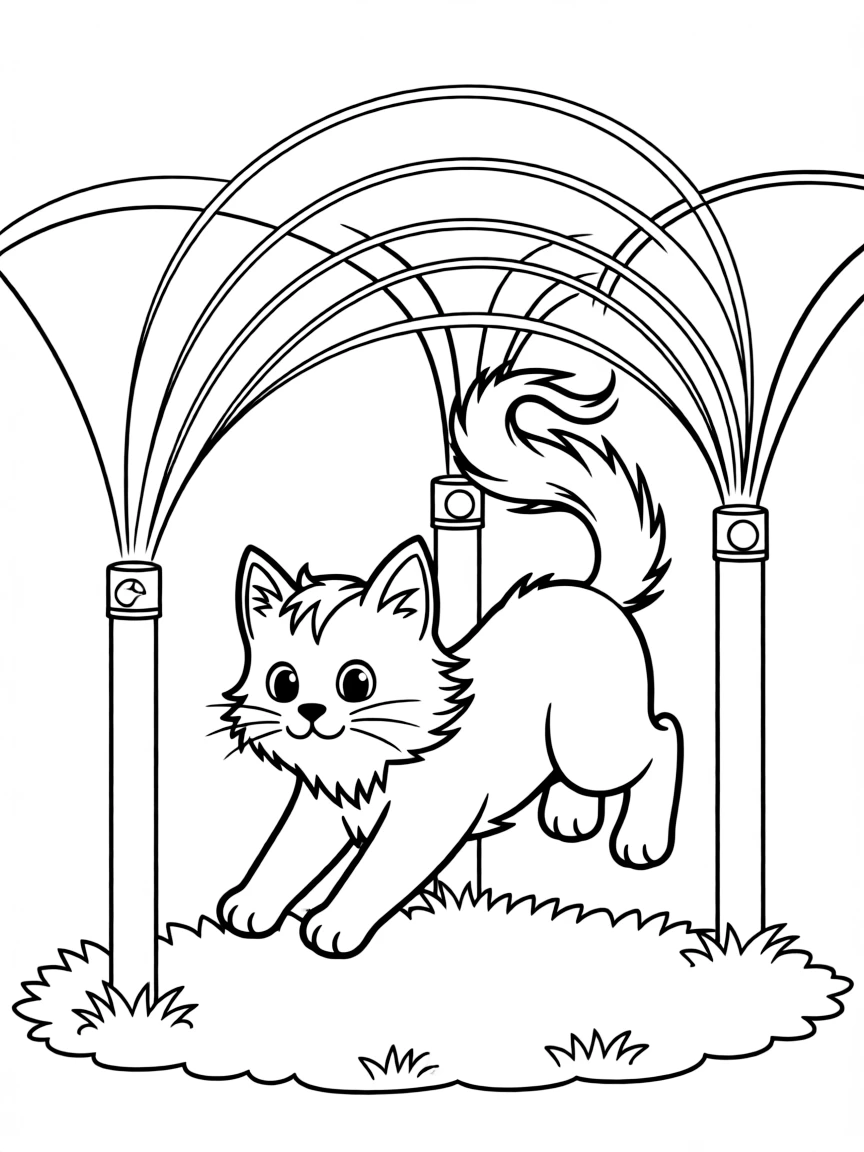 A cat jumping through sprinklers