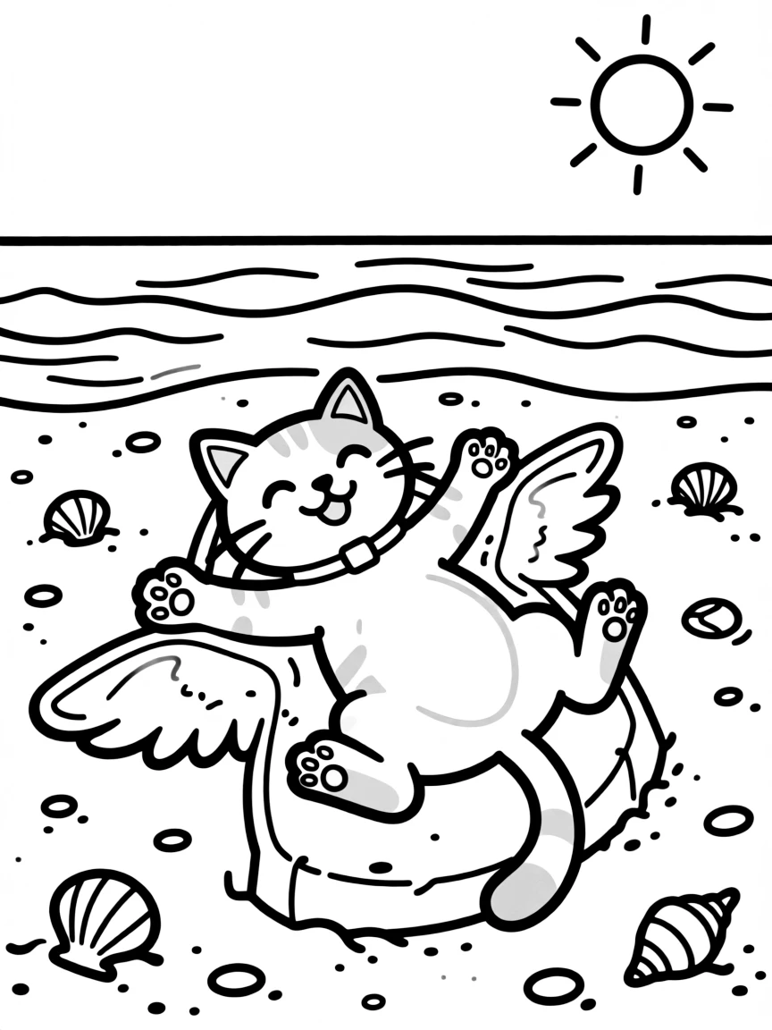 A cat making a sand angel at the beach