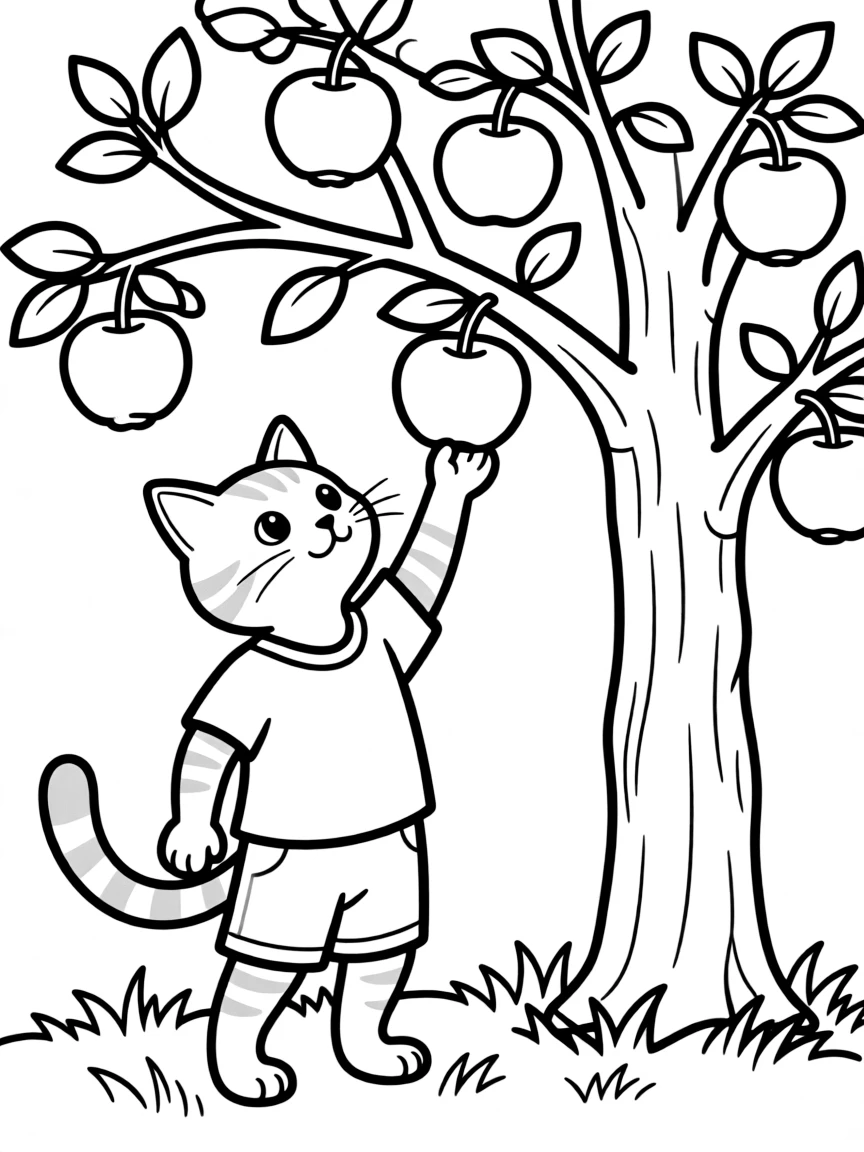 A cat picking apples from a tree