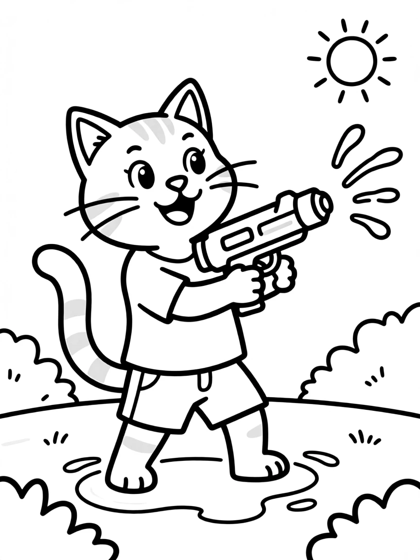 A cat having a water gun fight