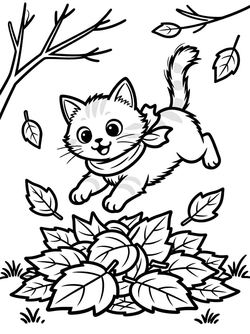 A cat making a leaf pile and jumping in