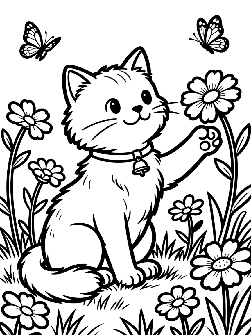 A cat picking wildflowers