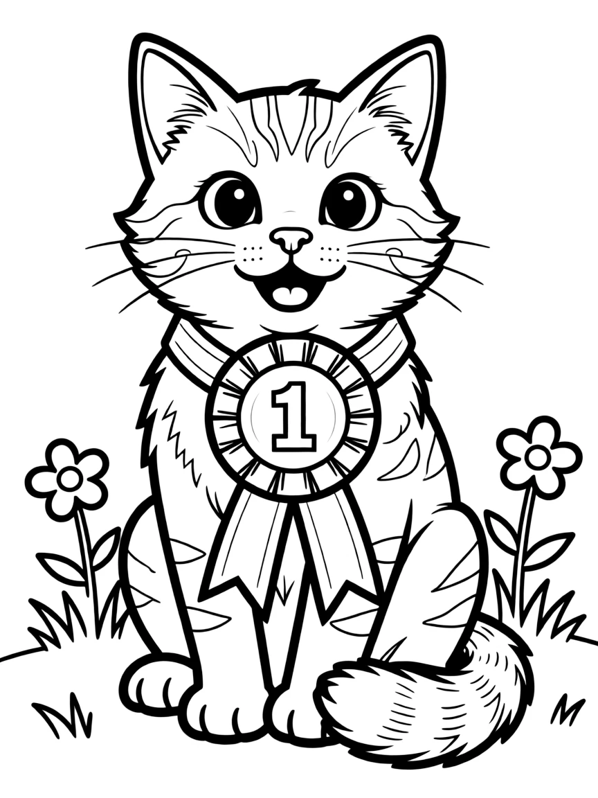 A cat with a first-place ribbon