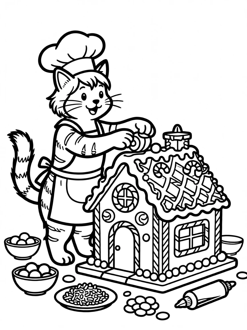 A cat making a gingerbread house