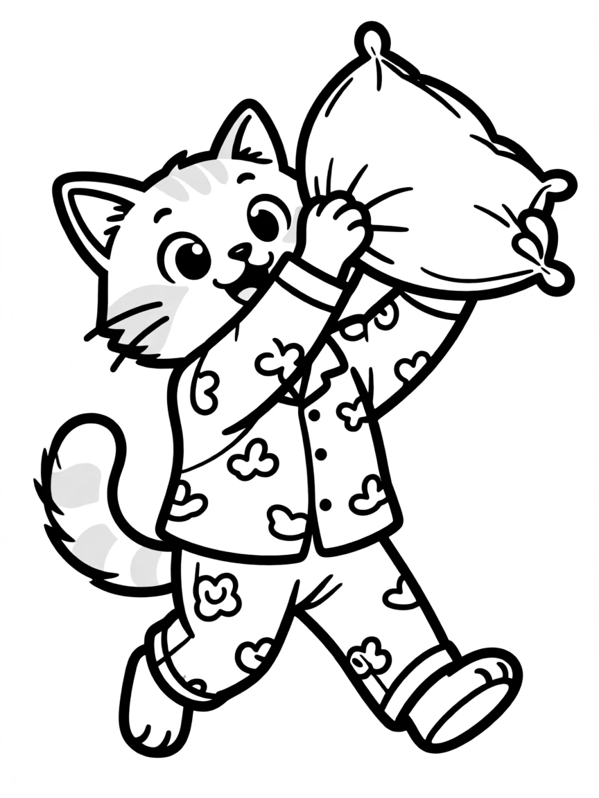 A cat in pajamas having a pillow fight