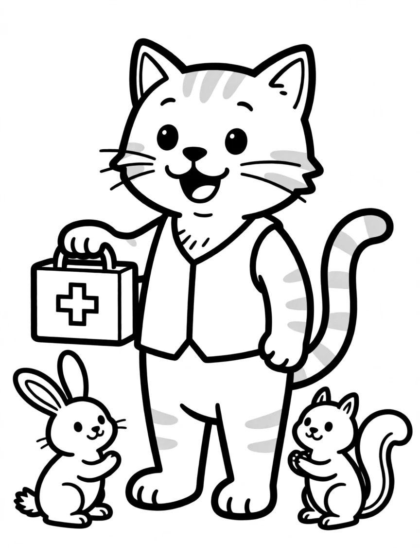 A cat with a first aid kit helping others