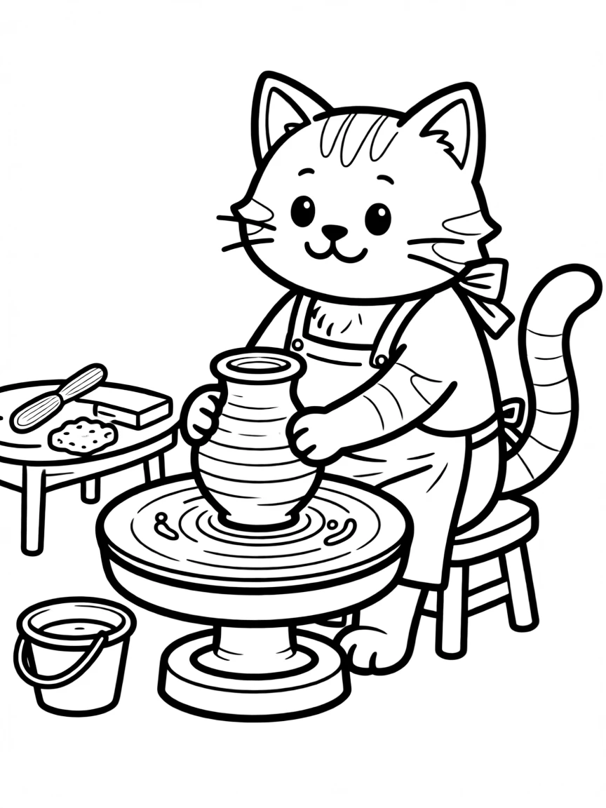 A cat making pottery on a wheel