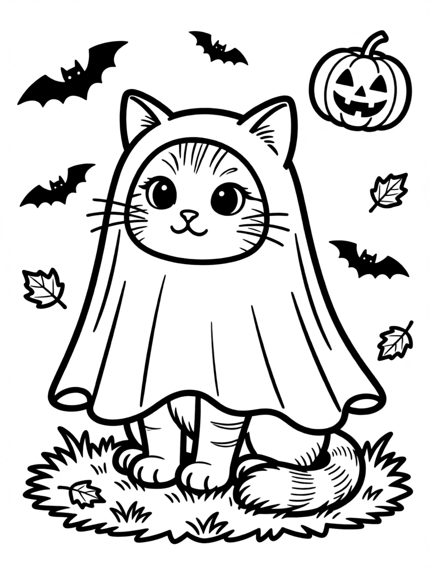 A cat dressed as a ghost for Halloween