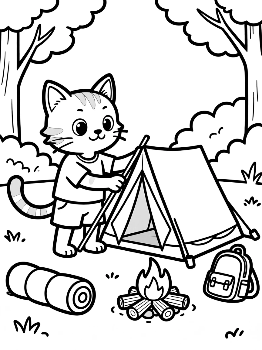A cat setting up a tent while camping