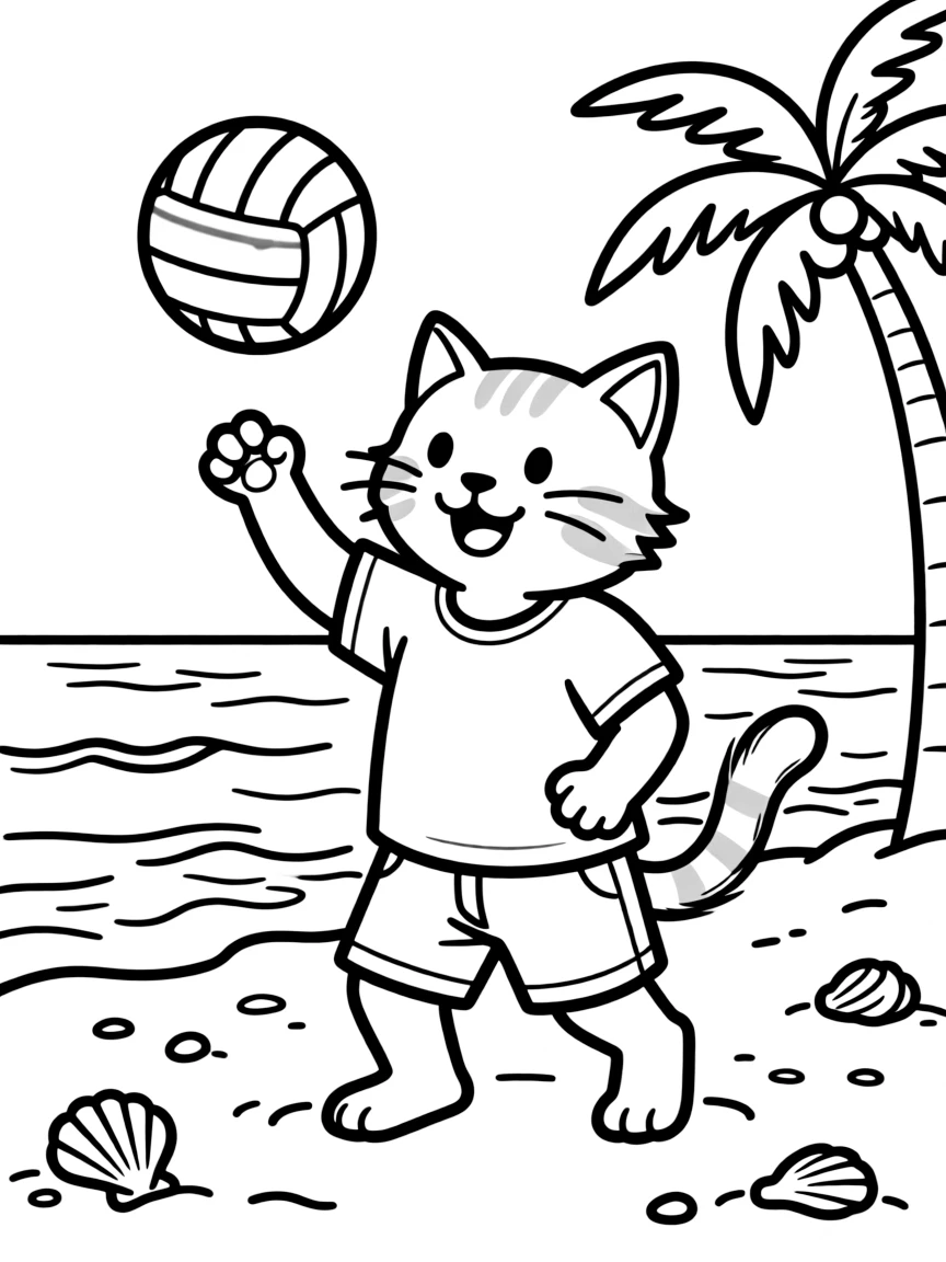 A cat playing volleyball at the beach