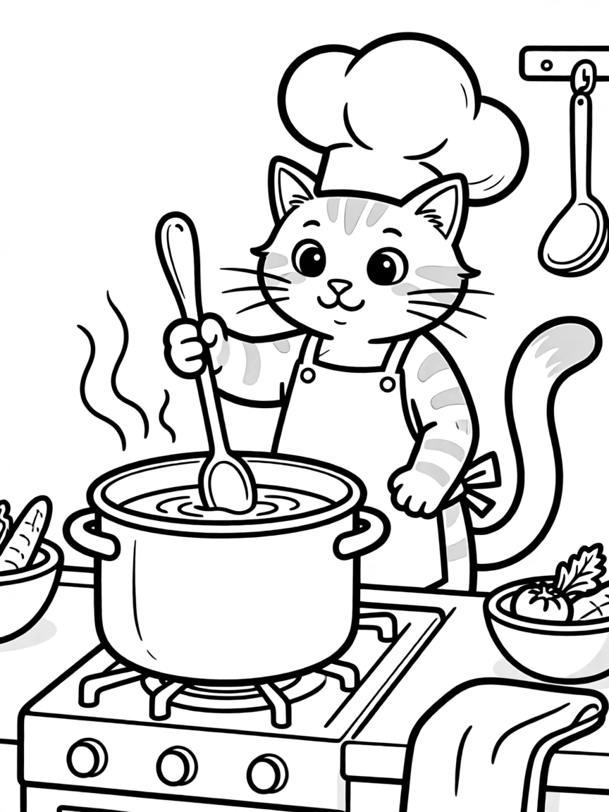 A cat in a chef's hat making soup