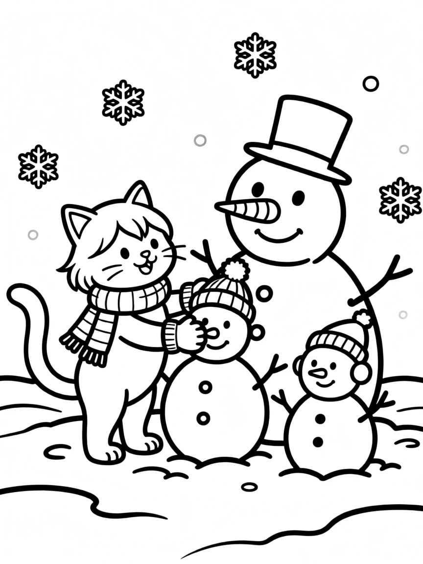 A cat building a snowman family